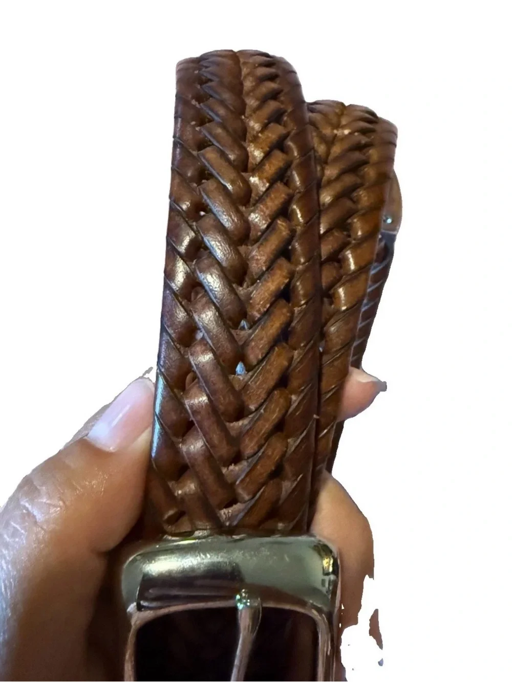 Perry Ellis Brown Braided Men 40 Belt Silver Chrome Tone Buckle